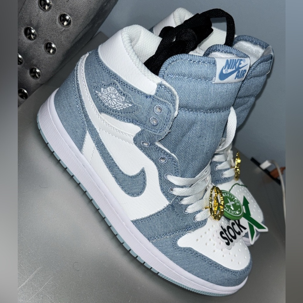 Nike Women's Air Jordan 1 High OG White and Light Blue Denim Sneakers